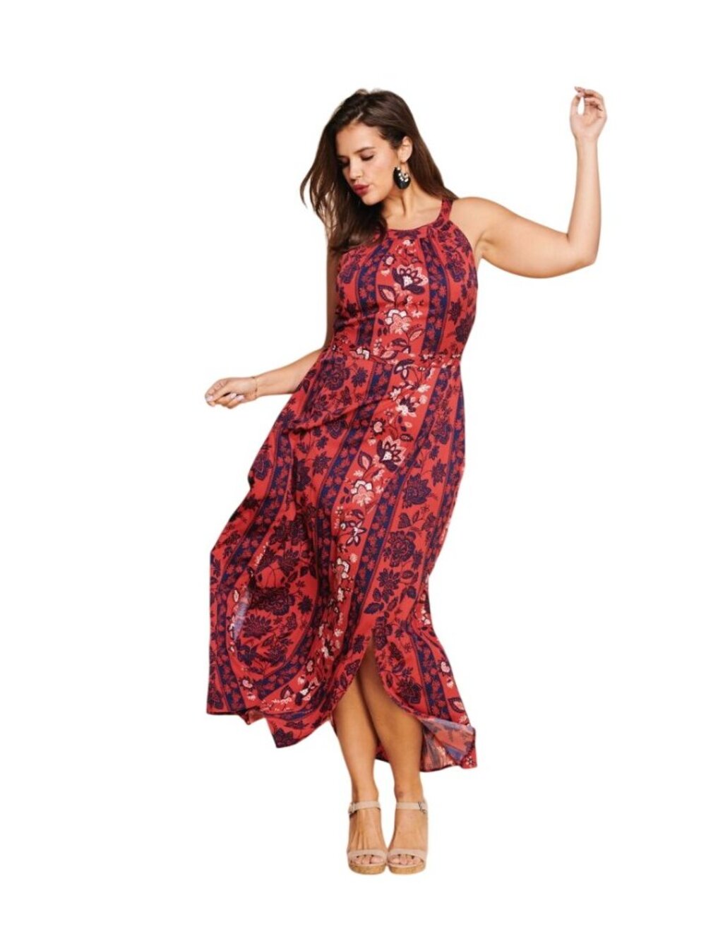 Molly & Isadora Maxi Dress Size 26W Floral Sleeveless Halter Red Navy Blue Boho